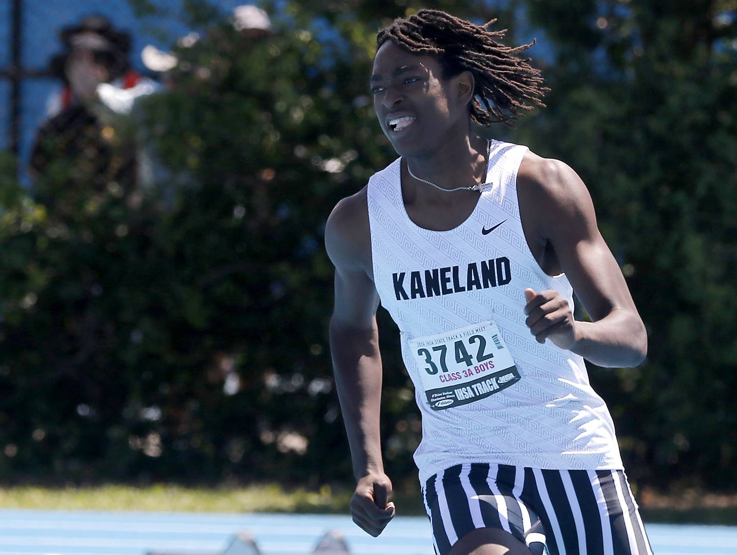 Kaneland’s Fredrick Hassan competes in the high jump during the IHSA Class #A Boys State Track and Field Championship meet on Saturday, May 25, 2024, at Eastern Illinois University in Charleston.