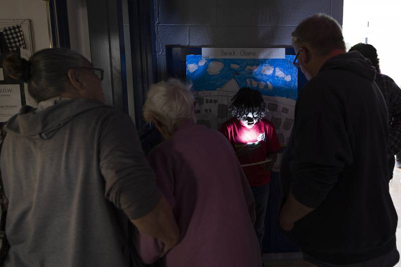 Third-grader Payshent Talley speaks about President Barak Obama Thursday, May 16, 2024, at Washington School in Sterling.