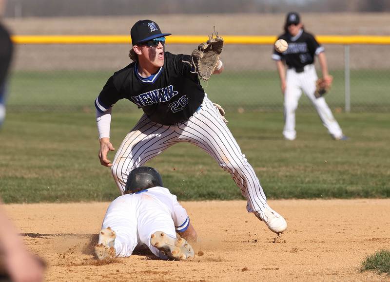 Hinckley-Big Rock’s Saje Beane dives back into second just ahead of the throw to Newark's Clay Friestad Monday, April 8, 2024, during their game at Hinckley-Big Rock High School.