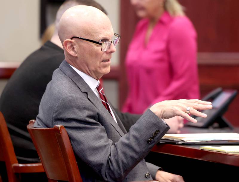 Camic Johnson, attorney for James Corralejo, makes a point to Judge Philip Montgomery Monday, April 29, 2024, during a hearing on his client's case at the DeKalb County Courthouse in Sycamore. Corralejo is charged with reckless homicide and DUI causing death in the fatal crash Nov. 5, 2023, that killed DeKalb woman Graciela Reza Contreras, 59. Prosecutors alleged Corralejo tampered with an ankle monitor used to detect alcohol, which he is prohibited from consuming while on release pending trial.