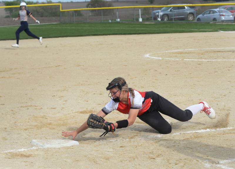 Forreston Bailey Sterling throws the ball to Nevaeh Houston as Polo's Allissa Marschang tries to get back to second base during a Thursday, May 2, 2024 at Forreston High School.