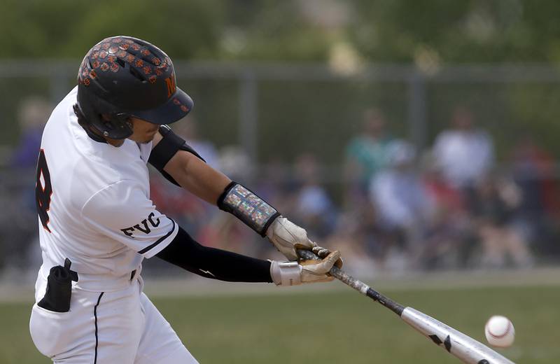 McHenry's Ryan Nagel connects with the ball during a Class 4A Hampshire sectional baseball game against Hampshire on Wednesday, May 29, 2024, at the Hampshire High School.