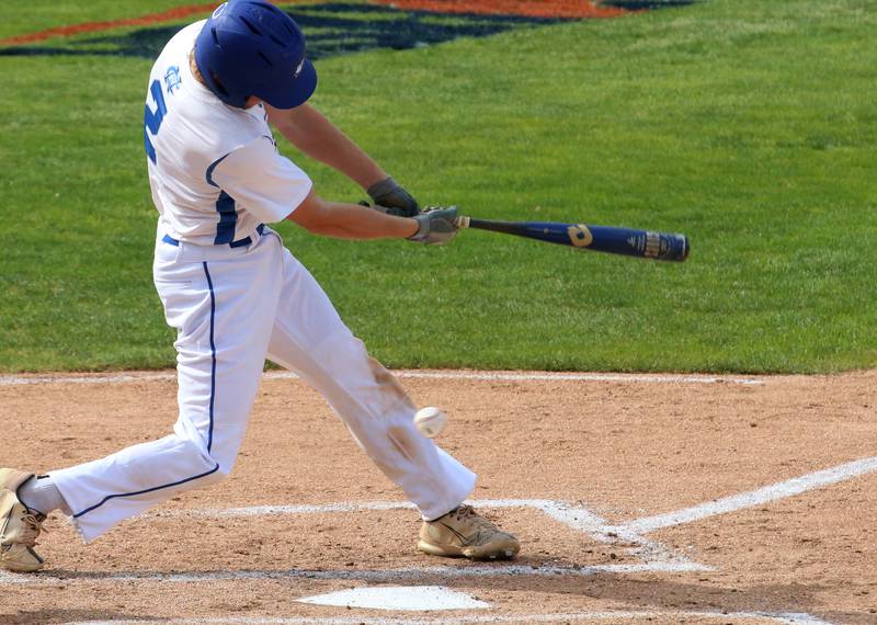 Newman's Daniel Kelly strikes out swinging on a pitch by Maroa-Forsyth during the Class 2A semifinal game on Friday, May 31, 2024 at Dozer Park in Peoria.