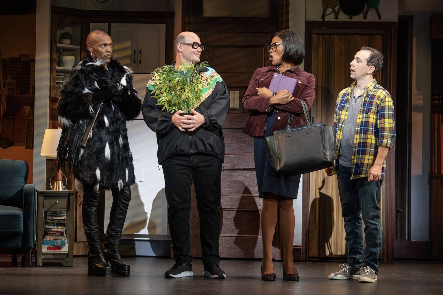 Mrs Doubtfire-7: Nik Alexander (Andre Mayem), Aaron Kaburick (Frank Hillard), Romelda Teron Benjamin (Wanda Sellner), and Rob McClure (Daniel Hillard) star in "Mrs. Doubtfire" at the James M. Nederlander Theatre in Chicago through March 10. Photo courtesy of Joan Marcus.