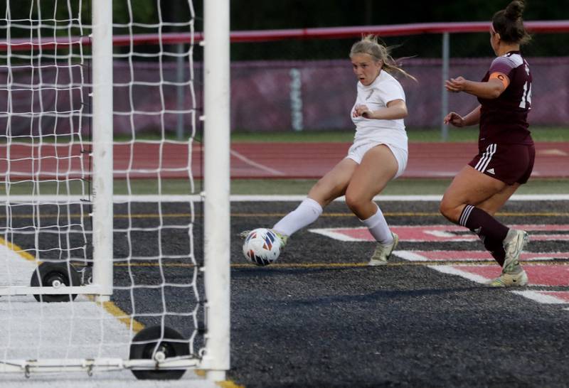 Crystal Lake Central's Brooklynn Carlson kicks the ball into an open goal during the Class 2A Deerfield Supersectional girls soccer match against St. Ignatius College Prep on Tuesday, May 28, 2024, at Deerfield High School.