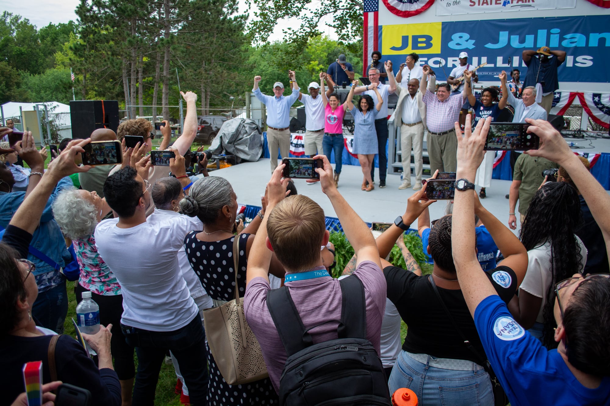 Illinois statewide elected officials – all Democrats – rally at the Illinois State Fair in Springfield Wednesday for Governor’s Day.