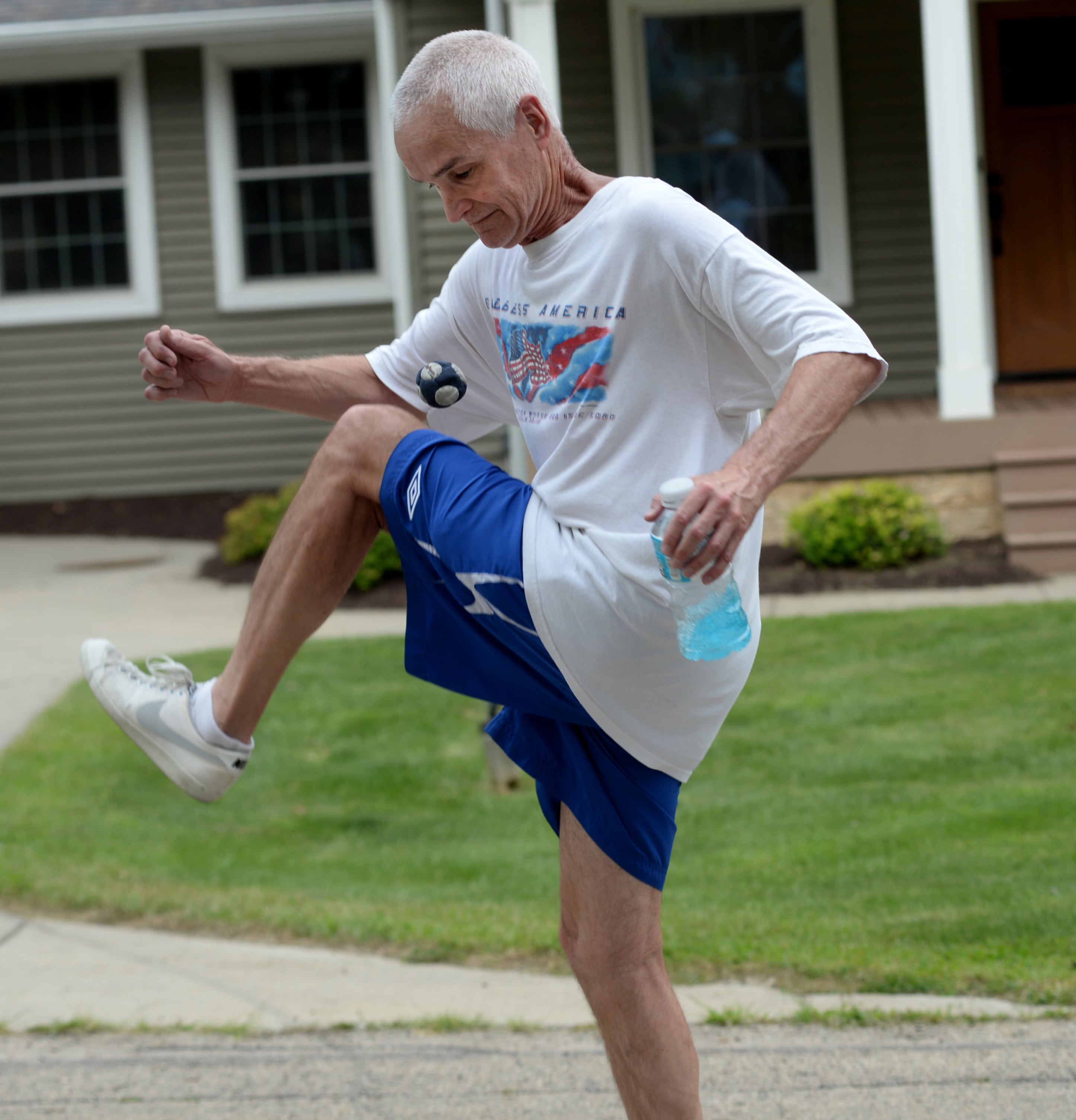 Hacky sack expert Adam Linder performs as he walks in the German Valley Days parade on Saturday, July 20,, 2024.