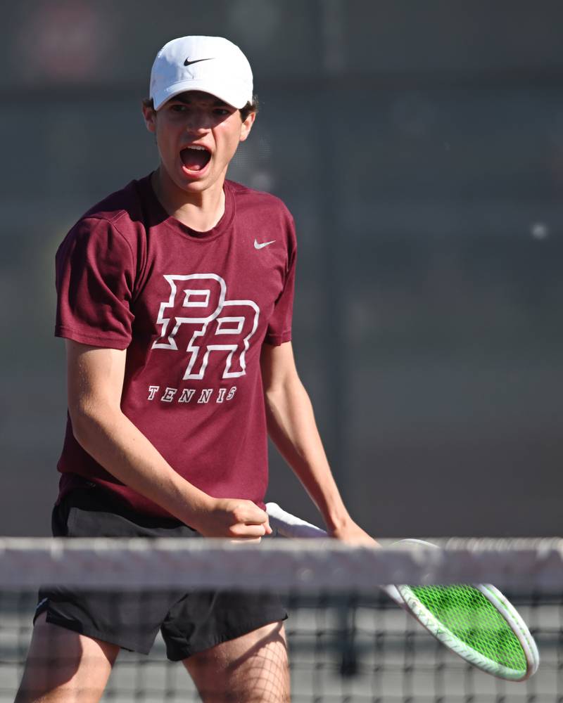 Cole Palese of Prairie Ridge celebrates a point during Class 1A doubles consolation semifinal of the boys state tennis tournament at Palatine High School on Saturday, May 25, 2024 in Palatine.