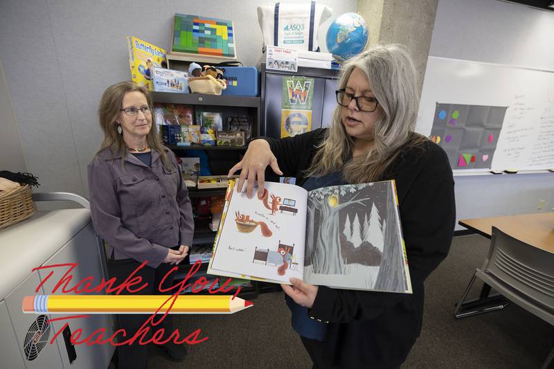 Sauk Valley College professors Beth Smaka (left) and Amanda Eichman talk about the materials used to teach budding teachers might use to inspire young minds.