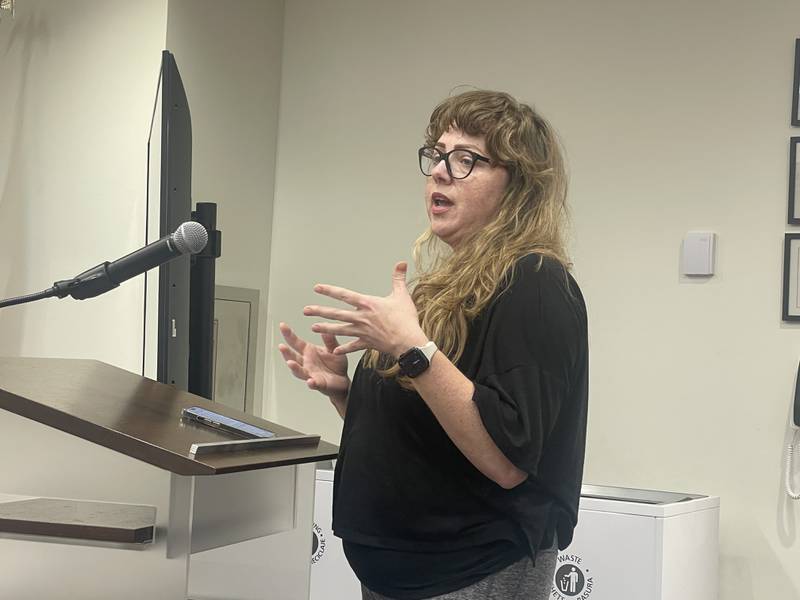 Danielle Castillo, the owner of Ella Nicole Hair Bar in DeKalb, speaks out Sept. 9, 2024, in support of a proposal that would allow area hair salons and barbershops to serve alcohol.