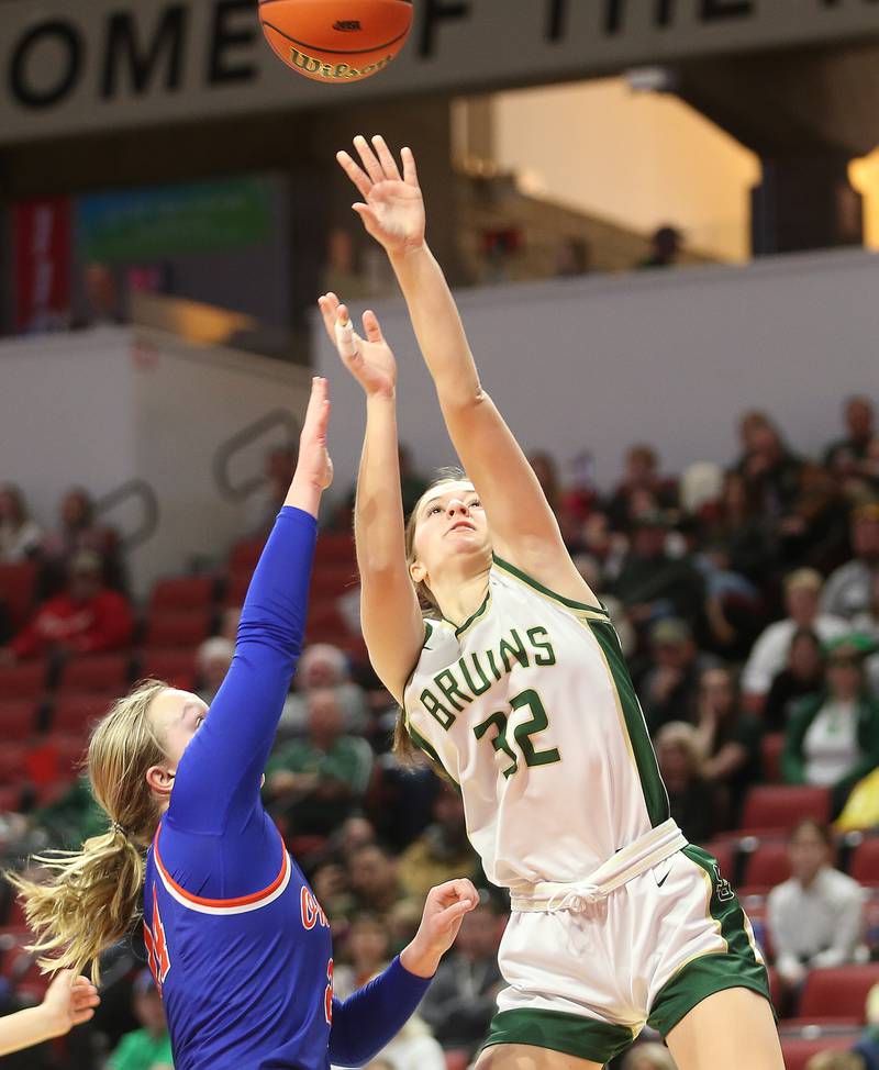 St. Bede's Quinn McClain gets a shot off over Okawville's Madisyn Weinstroer during the Class 1A State semifinal game on Thursday, Feb. 29, 2024 at CEFCU Arena in Normal.