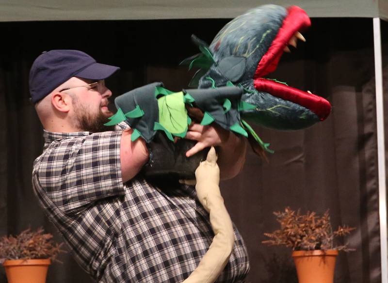 Austin Allbert as Seymour acts out a scene during a rehearsal of  "The Little Shop of Horrors"  in the Mendota Community Theatre on Monday, June 17, 2024 at Mendota High School.