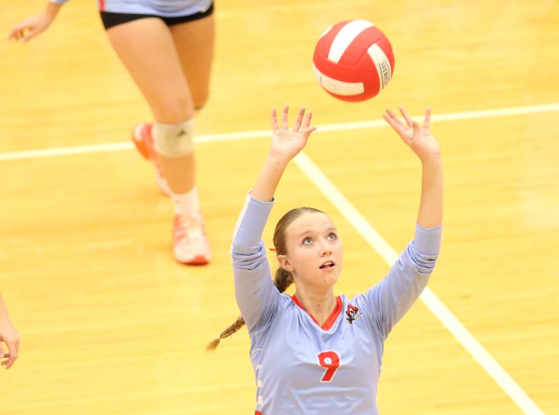 Ottawa's Skylar Dorsey sets the ball in play against Sycamore on Thursday, Oct. 12, 2023 at Kingman Gym.