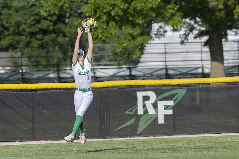 Rock Falls’ Jeslyn Krueger reaches for a catch in centerfield against Princeton Wednesday, May 15, 2024 at the Class 2A regional softball semifinal.