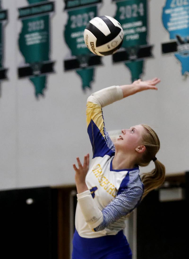 Johnsburg's Abriana Bruns serves the ball during a Kishwaukee River Conference volleyball match against Woodstock North on Wednesday, Sept. 4, 2024, at Woodstock North High School.