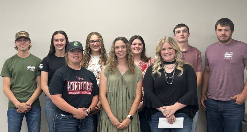 Students receiving financial assistance from the Bureau County Farm Bureau Foundation are (from left, back) Alex Jages, Ella Thacker, Emma Stabler, Carli Wright, Troy Anderson and Jack May; (front) Lilly Allicks, Katelyn Stoller and Kennedy Kloepping; Not pictured are Grace May and Wyatt Wessel.