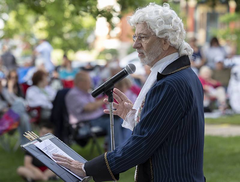 Tom Wadsworth, channeling Declaration of Independence author Thomas Jefferson, reads the historic document Friday, July 5, 2024 on the lawn of the Old Lee County Courthouse.