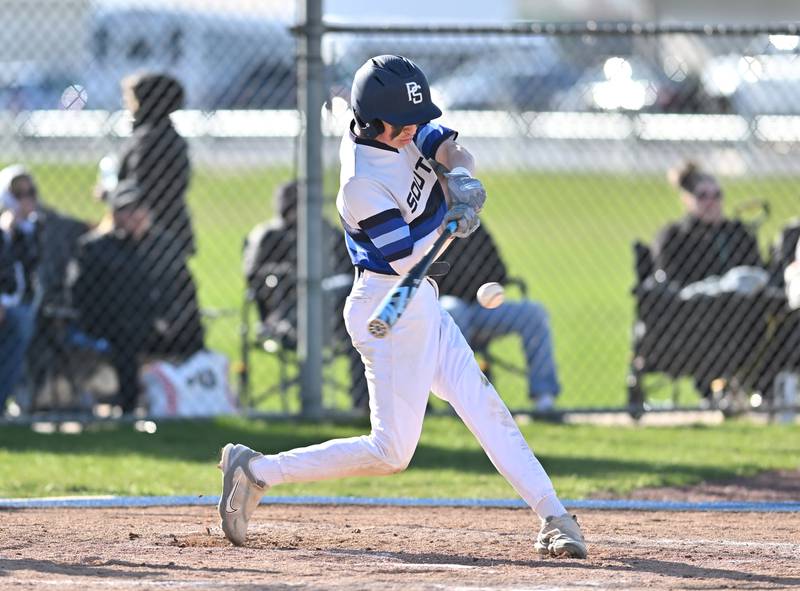 Plainfield South's Griffin Acevedo at bat during the conference game against Plainfield North on Friday, April. 12, 2024, at Plainfield.