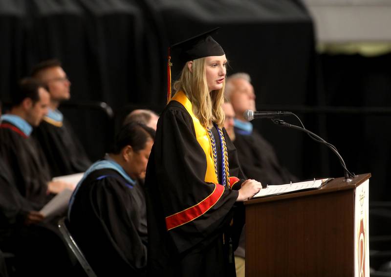 Batavia High School graduate Emilie Jack gives the welcome address during the school’s 2024 commencement ceremony at Northern Illinois University in DeKalb on Wednesday, May 22, 2024.