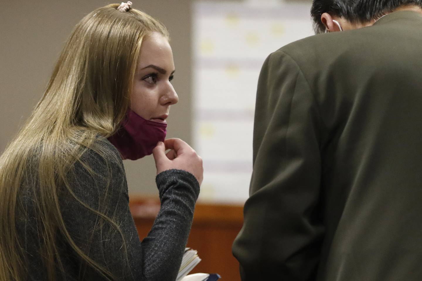 Veronica Kubiak talks with one of her attorneys, Ernest Blomquist, during court Tuesday, Nov. 23, 2021, with Judge Michael Coppedge at the Michael J. Sullivan Judicial Center in Woodstock.