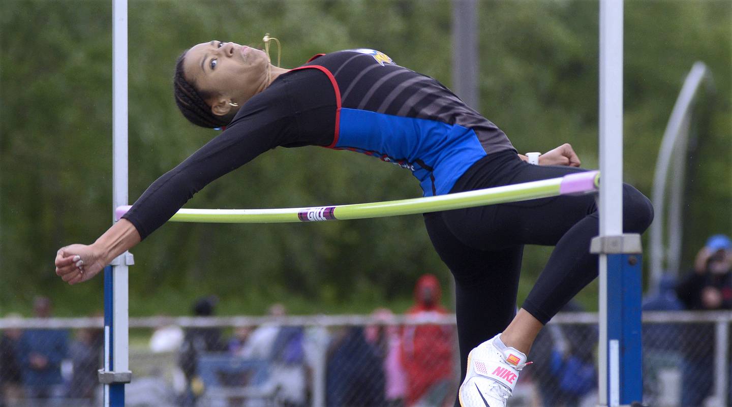 Newark’s Kiara Wesseh clears the bar during the high jump competition at the Class 1A Seneca Sectional.