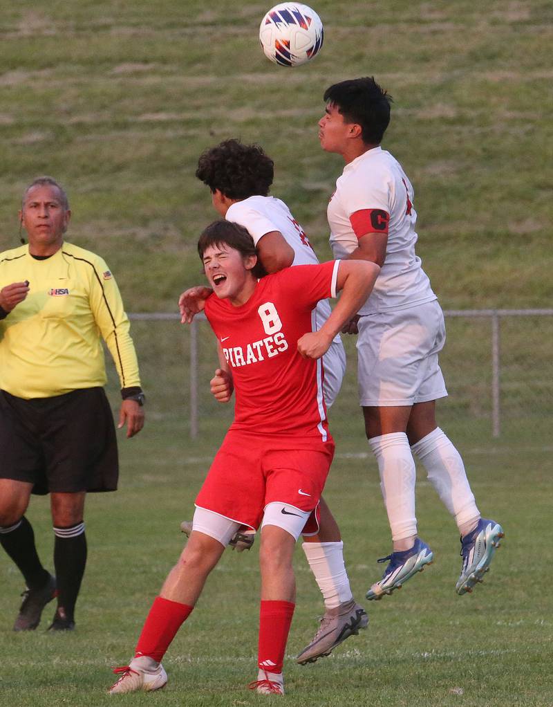 Ottawa's Mason Jaegle, L-P's Adan Pantoja and Ismael Mejia jump in the air for a header during the game on Thursday, Sept. 5, 2024 at King Field.