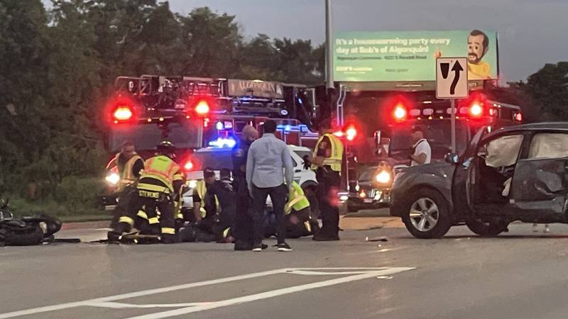 The driver of a motorcycle involved in a crash Friday evening on Route 31 and Oakwood Court was flown to Advocate Condell Medical Center, Libertyville, with multiple injuries.