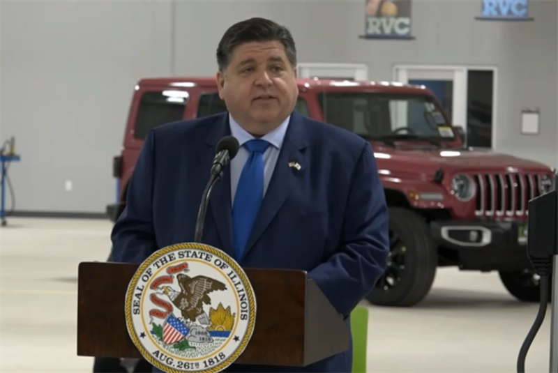 Gov. JB Pritzker speaks at a news conference Tuesday at the Rock Valley College Advanced Technology Center in Belvidere. He signed the Reimagining Electric Vehicles in Illinois Act into law at the bill signing ceremony