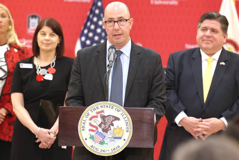 State Rep. Lance Yednock, D-Ottawa, speaks during a news conference Tuesday, April, 4, 2023, in the Barsema Alumni and Visitors Center at Northern Illinois University in DeKalb. Yednock and other Illinois lawmakers, DeKalb city officials, representatives from NIU and Gov. JB Pritzker were on hand to promote the importance of funding higher education in Illinois.