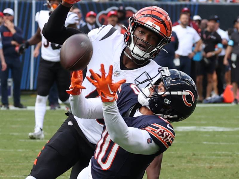 Chicago Bears wide receiver Tyler Scott draws a pass interference flag on Cincinnati Bengals cornerback Josh Newton resulting in a big gain during their game against the Cincinnati Bengals Saturday, Aug. 17, 2024, at Soldier Field in Chicago.