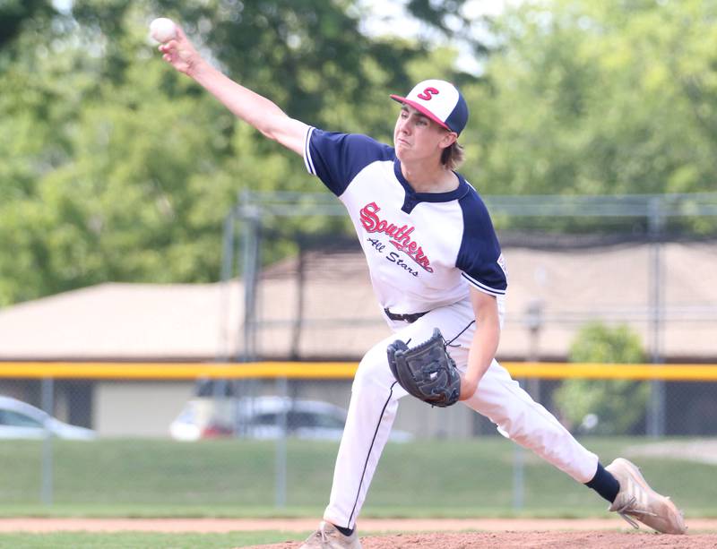 Michigan's Ryer Olsson lets go of a pitch against Burbank during the Central Regional  Baseball Tournament championship on Thursday, July 18, 2024 at J.A. Happ Field in Washington Park in Peru.