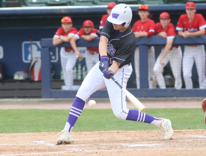 Wilmington's Lucas Rink smacks a hit against St. Anthony during the Class 2A State semifinal game on Friday, May 31, 2024 at Dozer Park in Peoria.