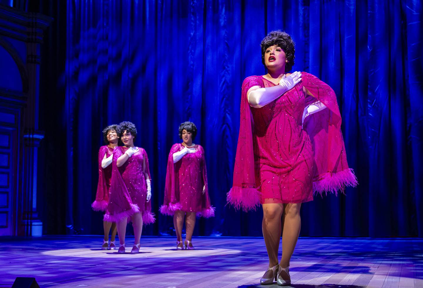 Meet The Shirelles - Lydia Burke (right), backed by (left, from left) Shelbi Voss, Ariana Burks and Marta Bady - in Paramount Theatre's Beautiful: The Carole King Musical. Credit: Liz Lauren