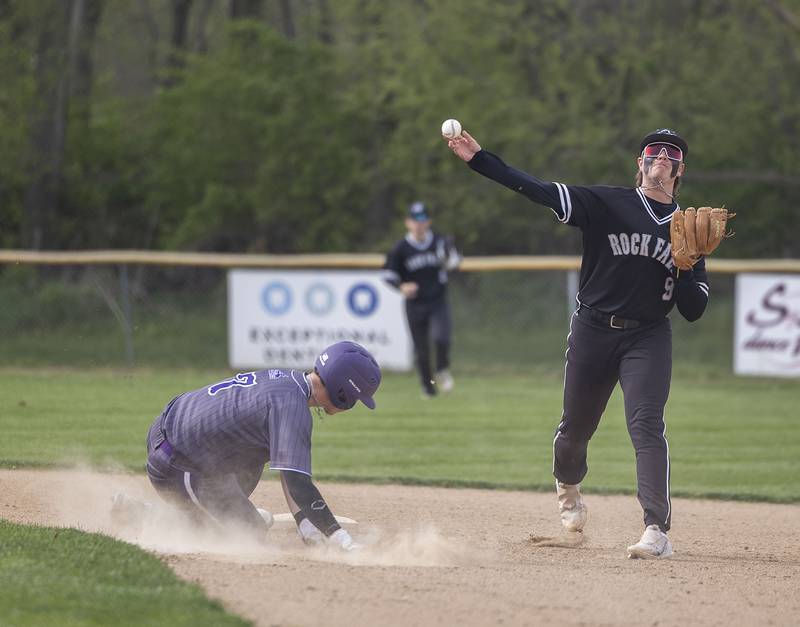 Rock Falls’ Colby Ward throws to first to complete a 6-4-3 double play against Dixon Monday, April 22, 2024 in Dixon.