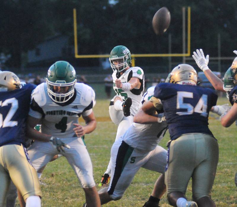 Seneca's Paxton Giertz kicks for an extra point against Marquette at Gould Stadium on Friday, Sept. 13, 2024.