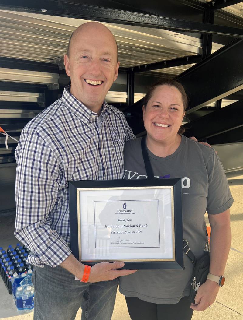 Hometown National Bank and Maze Lumber are two of the Champion level annual sponsors to the IVCC Foundation, which expects to award more than $300,000 in scholarships this year. Pictured with IVCC Foundation Executive Director Tracy Beattie is Dave Conterio, president of Hometown National Bank.