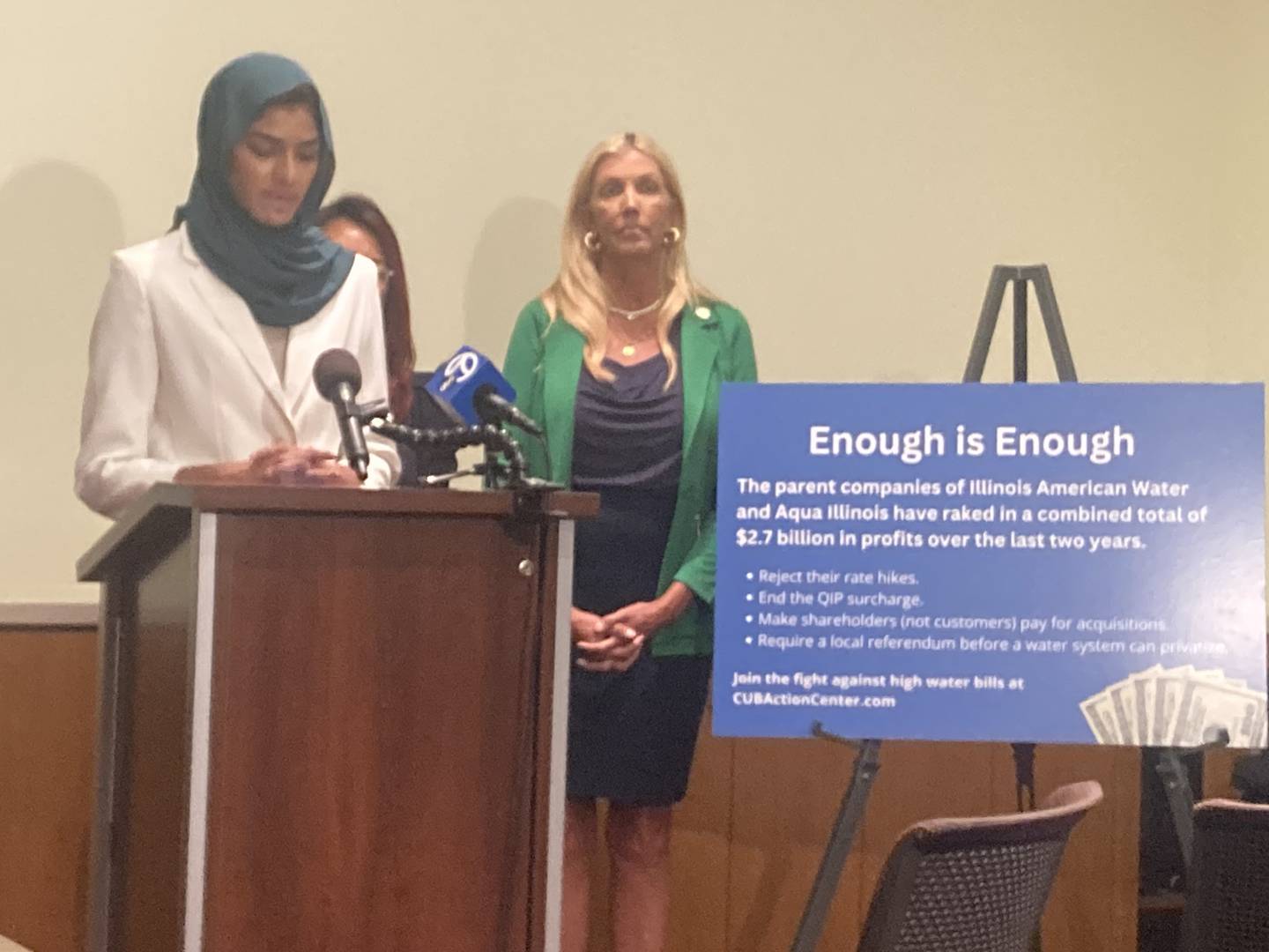 State Rep. Nabeela Syed (D-Palatine) speaks at a press conference about curbing private water rate increases.