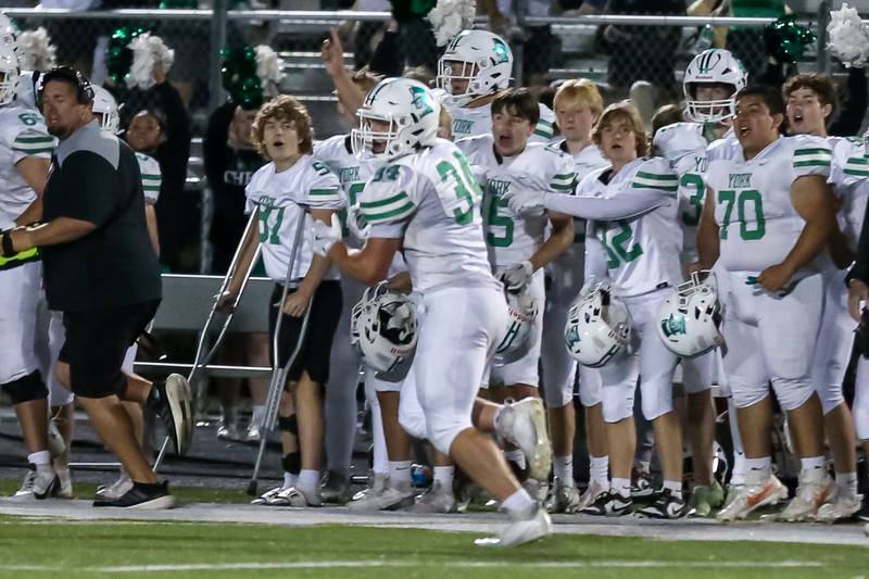 York's Jimmy Conners (34) runs back an interception during a football game between York at Plainfield North on Friday, Sept 6th, 2024 in Plainfield. Gary E Duncan Sr for Shaw Local News Network.