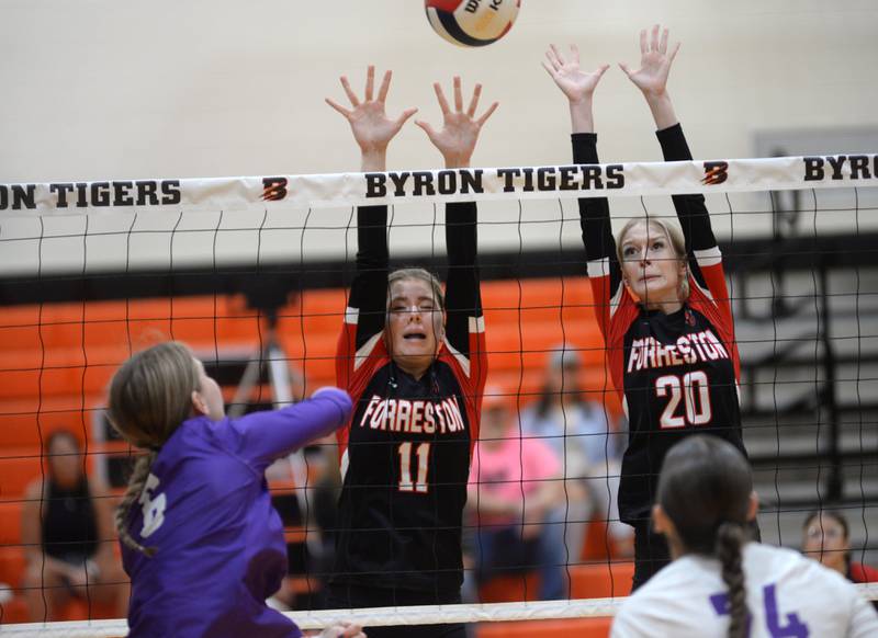 Forreston's Hailee Vogt (11) and Drue Behrends (20) block against Rochelle during Saturday, Sept. 14, 2024 action at the Varsity Power Classic Tournament at Byron High School.