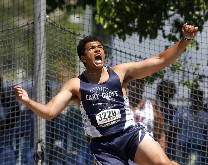 Cary-Grove’s Reece Ihenacho reacts to his state winning discus throw during the IHSA Class 3A Boys State Track and Field Championship meet on Saturday, May 25, 2024, at Eastern Illinois University in Charleston.