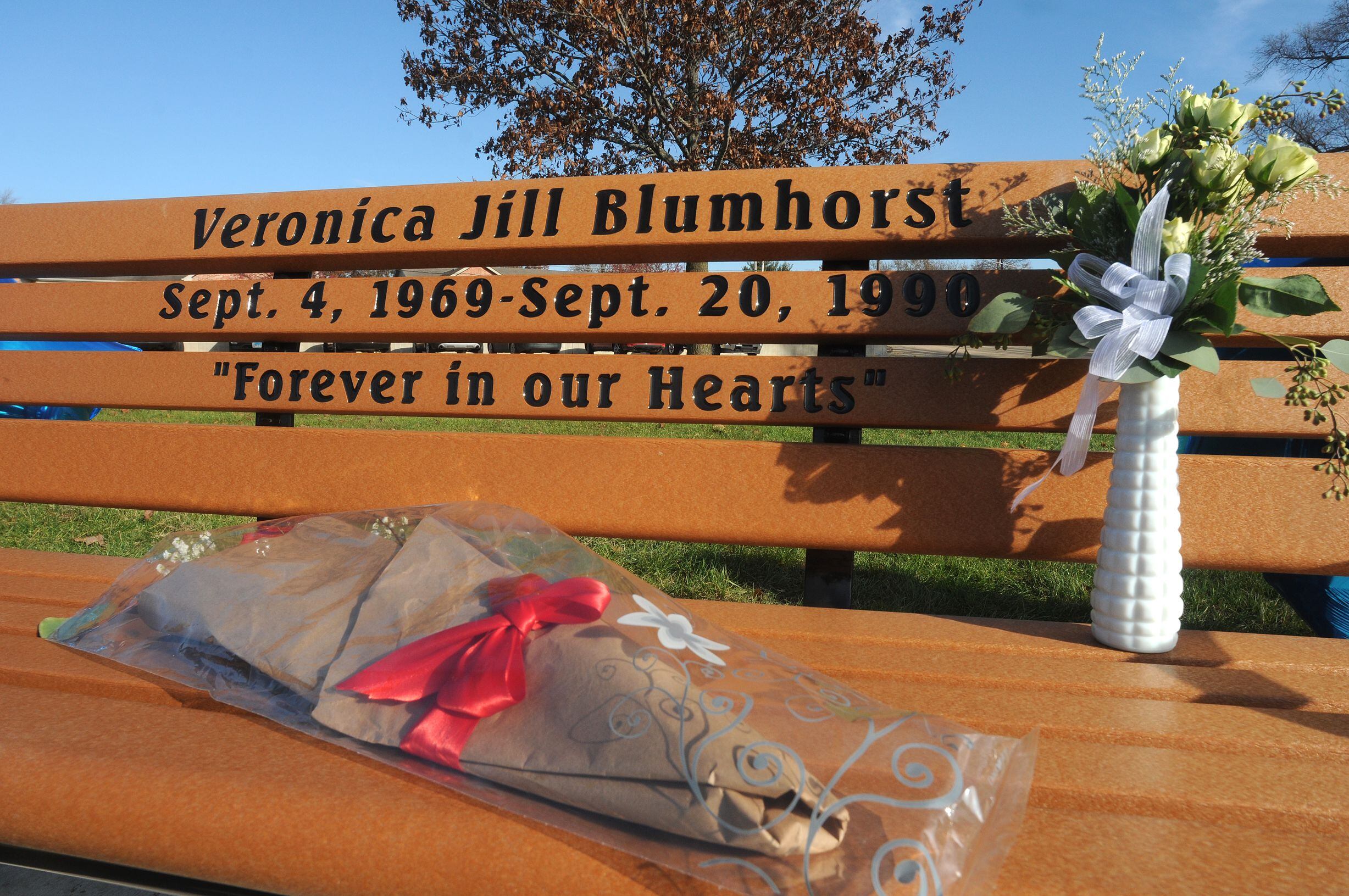 A park bench memorializes Veronica Blumhorst at Kakusha Park in Mendota on Saturday, Nov. 20, 2021.