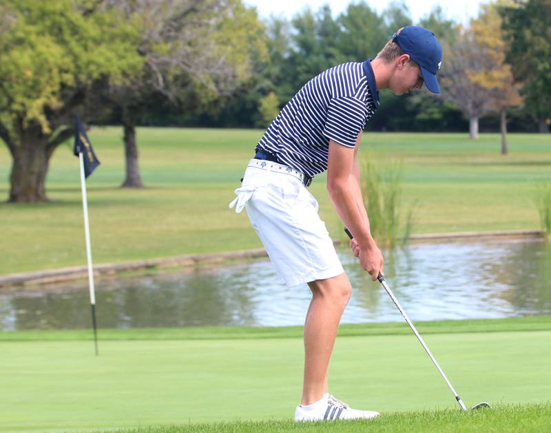 Oswego's Carlie Cooney golfs on the 6th hole during the Pirate Invitational golf meet on Monday, Sept. 16, 2024 at Deer Park Golf Course in Oglesby.