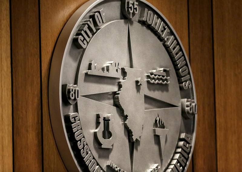 The Joliet city seal stands above the Joliet City Council chambers on Sept. 18, 2018, in Joliet.