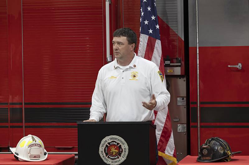 Dixon Rural fire chief Dustin Dahlstrom introduces Derrick Storey Tuesday, May 14, 2024 at the department.