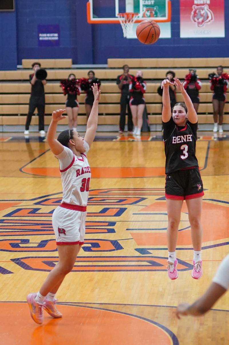 Benet’s Aria Mazza (3) shoots a three pointer against Bolingbrook's Angelina Smith (30) during a Oswego semifinal sectional 4A basketball game at Oswego High School on Tuesday, Feb 20, 2024.