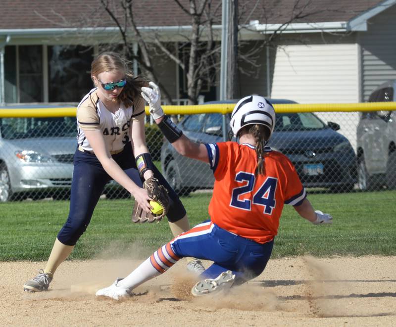 Polo's Camrynn Jones fields a throw from the catcher and prepares to tag Eastland's Isabella Ames during a Tuesday, April 23, 2024 game at Westside Park in Polo.