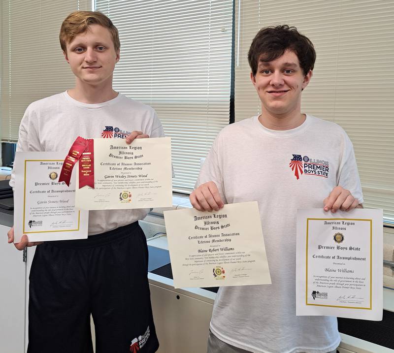 Gavin Street Wood (left) and Blaine Williams hold their certificates from Illinois Boys State.