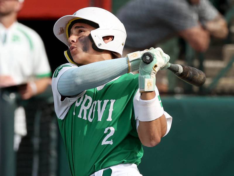 Providence Catholic's Sammy Atkinson takes a cut during their Class 4A state semifinal win over Edwardsville Friday, June 7, 2024, at Duly Health and Care Field in Joliet.