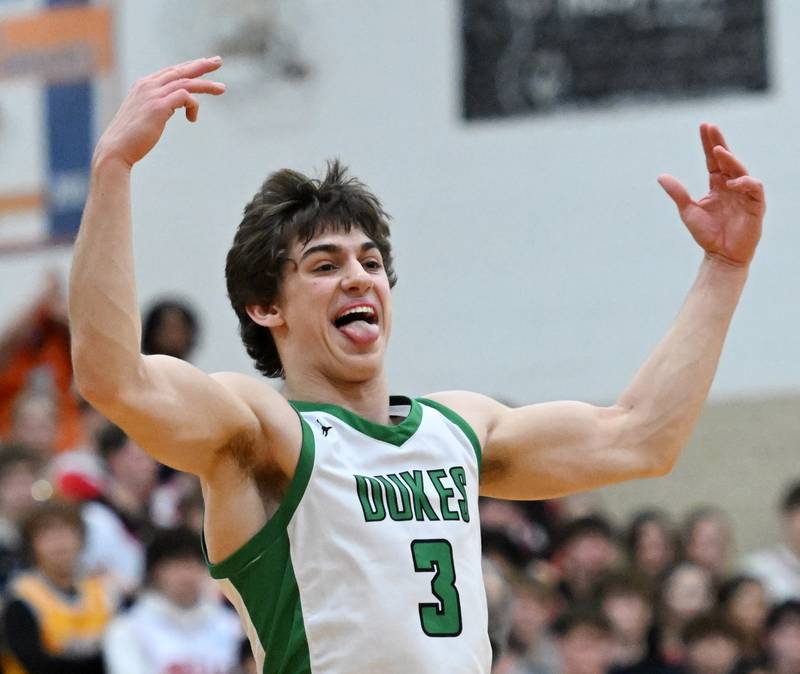 York’s A.J. Levine celebrates the Dukes’ 52-44 victory over Batavia during the Addison Trail Class 4A boys basketball sectional semifinal on Wednesday, Feb. 28, 2024 in Addison.