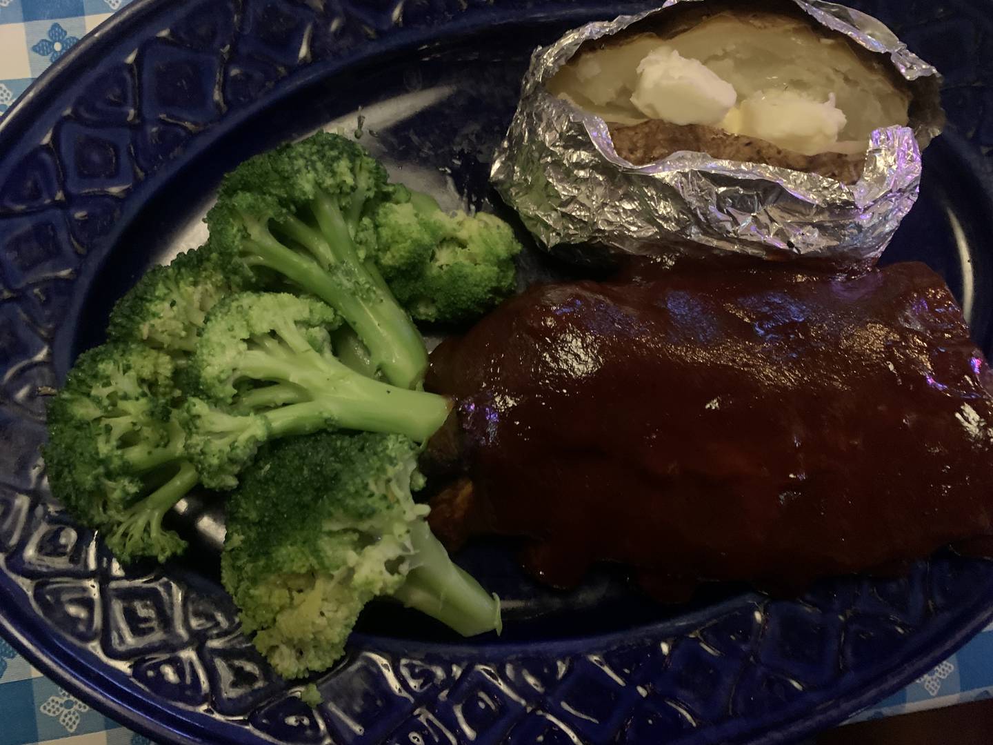 The ribs at Cattleman's Burger and Brew in Algonquin with a salad, baked potato and broccoli.